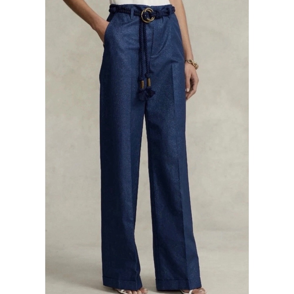 Ralph Lauren Metallic Wide Leg Trouser Pants Navy Blue Size 0 XS NWT $328